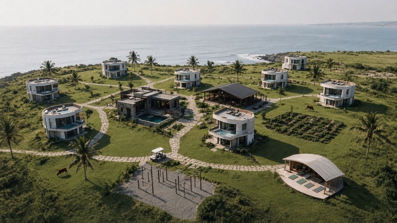 Aerial view of a coastal wellness village